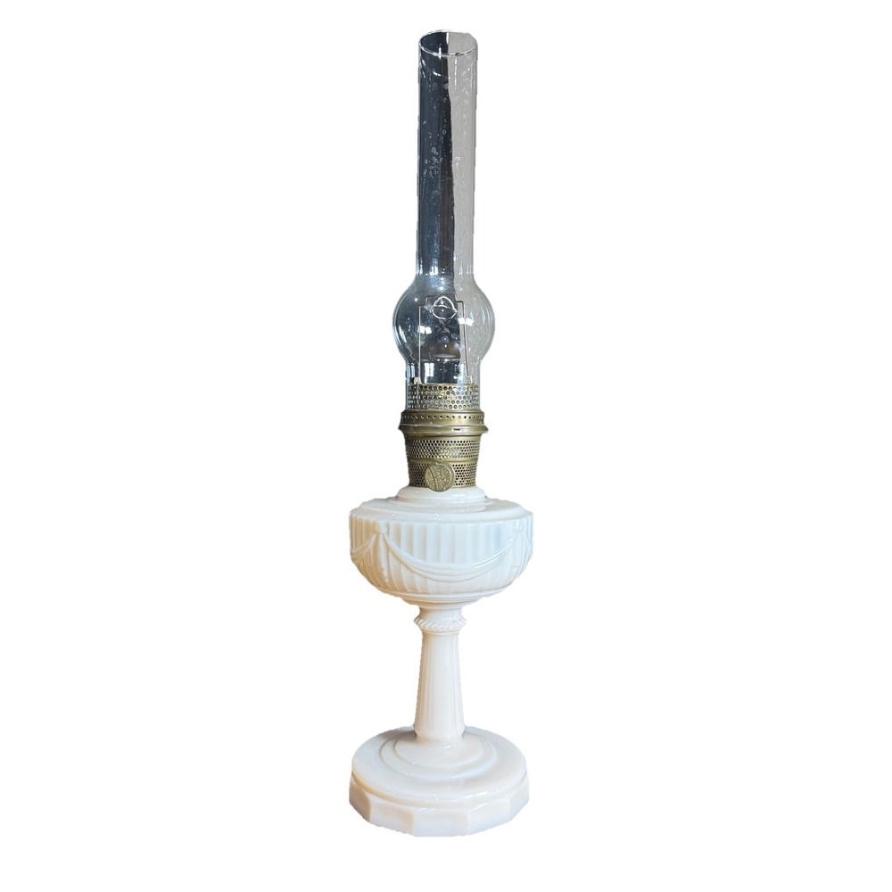 Aladdin Tall Lincoln Drape Alacite Uranium Glass Oil Lamp Model B Vintage 1940s